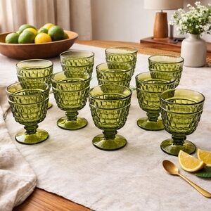 Indiana Glass “Whitehall” Olive Footed Dessert Cups • Set of 8 Vintage MCM